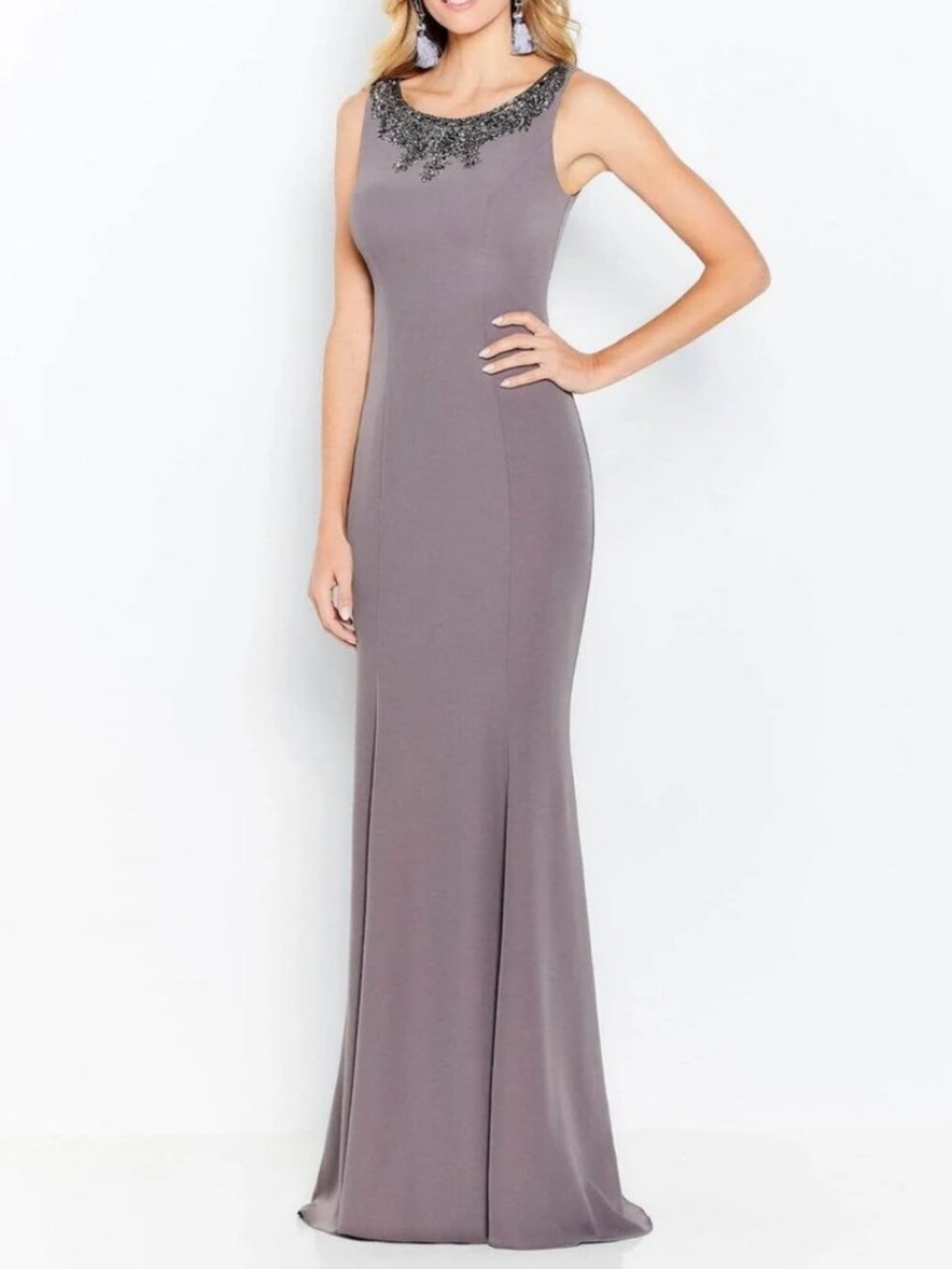NWT Cameron Blake 120621 Crepe/Beading Evening Dress Dark Mink size 6